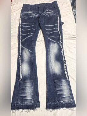 Decibel Dark Blue Frayed Side-Trim Flare Jeans